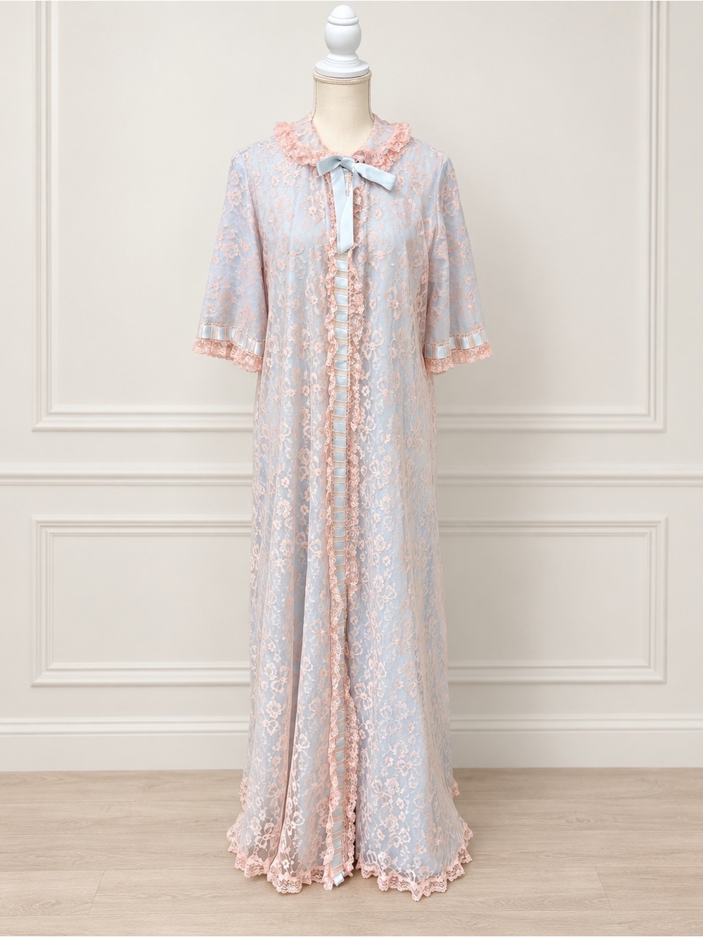 Vintage 1960s Odette Barsa Blue Pink Lace Peignoir Robe Maxi Dressing Gown